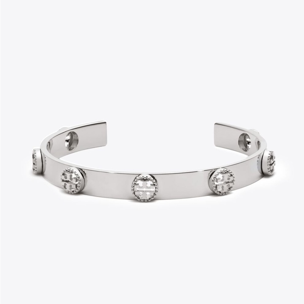 NWT Tory Burch Silver Milgrain Logo-Plaque Cuff Bracelet